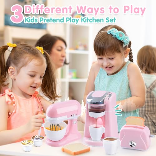 Play Kitchen Appliances Toys Kids Kitchen Playset Accessories Pretend Play Toy Sets with Coffee Maker Mixer Toaster with Realistic Lights Sounds Gifts for Toddler Girls Ages 2 3 4 5 6 7 - Image 5