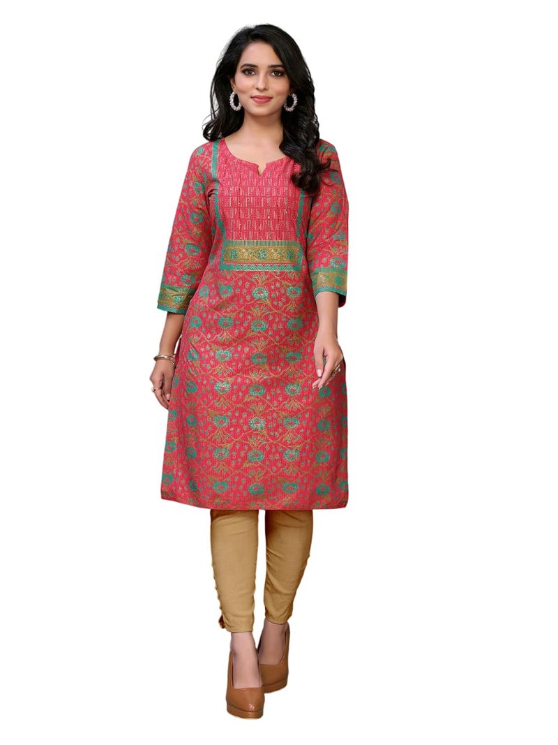 rangita Red Cotton Knee Length Embroidered Straight Kurti | Kurta for Women_M - Image 1