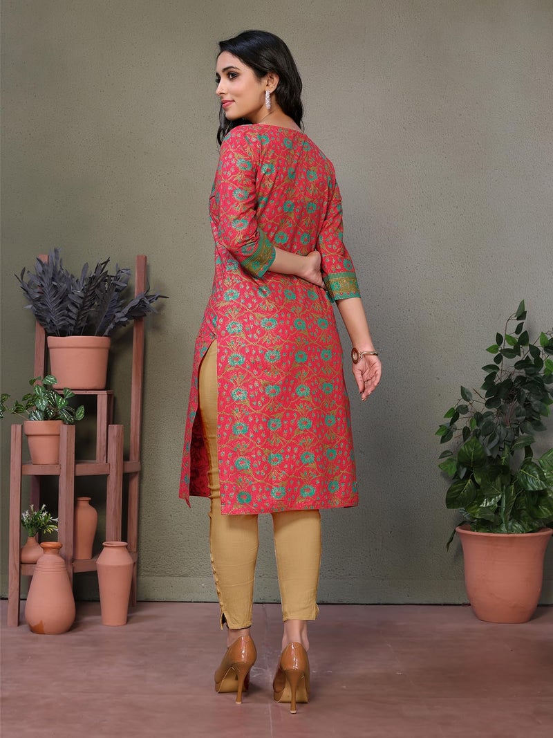 rangita Red Cotton Knee Length Embroidered Straight Kurti | Kurta for Women_M - Image 4