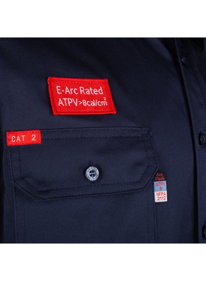 شيلتر قميص عمل مقاوم للهب من شيلتر ليوبارد 600 بقيمة حماية حرارية 8 كال/سم² (ATPV)، مصنوع من قطن 100%، ومصنّف ضمن الفئة CAT 2، ومعتمد وفق معايير NFPA 70E وASTM. - Image 5