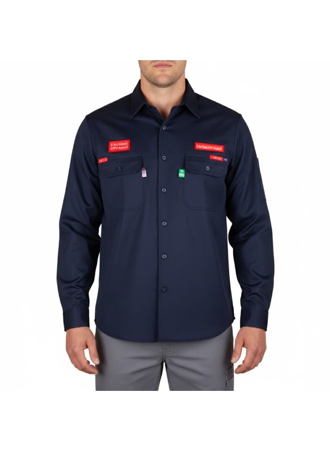 شيلتر قميص عمل مقاوم للهب من شيلتر ليوبارد 600 بقيمة حماية حرارية 8 كال/سم² (ATPV)، مصنوع من قطن 100%، ومصنّف ضمن الفئة CAT 2، ومعتمد وفق معايير NFPA 70E وASTM. - Image 1