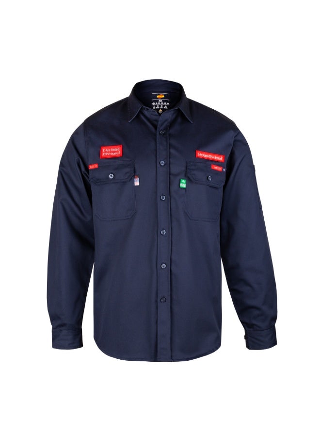 شيلتر قميص عمل مقاوم للهب من شيلتر ليوبارد 600 بقيمة حماية حرارية 8 كال/سم² (ATPV)، مصنوع من قطن 100%، ومصنّف ضمن الفئة CAT 2، ومعتمد وفق معايير NFPA 70E وASTM. - Image 2