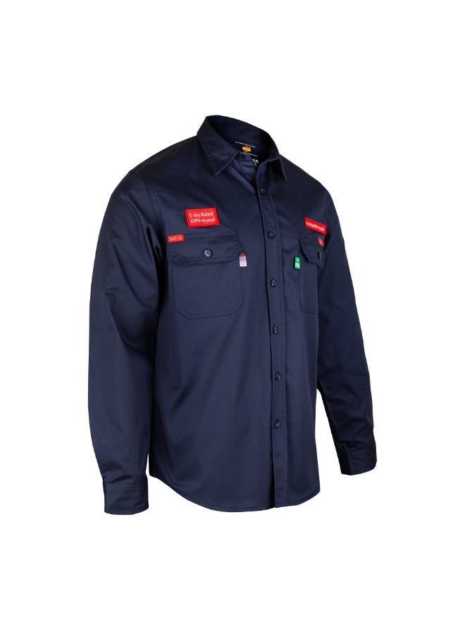 شيلتر قميص عمل مقاوم للهب من شيلتر ليوبارد 600 بقيمة حماية حرارية 8 كال/سم² (ATPV)، مصنوع من قطن 100%، ومصنّف ضمن الفئة CAT 2، ومعتمد وفق معايير NFPA 70E وASTM. - Image 3