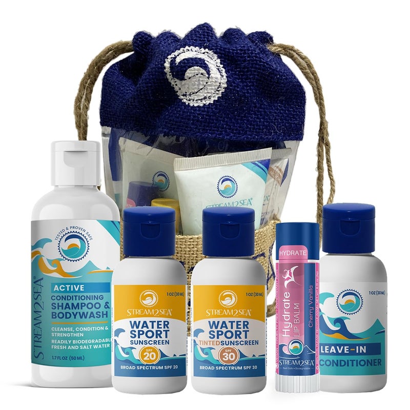 STREAM 2 SEA EcoConscious Travel Kit Body & Hair Care Gift Set | Shampoo & Body wash | Conditioner | SPF30, SPF20 and Mineral Sunscreen | SPF 30 Cucumber Mint and Hydrate Cherry Vanilla Lip Balm by Stream2Sea