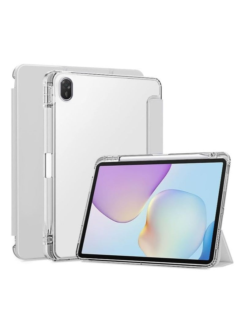 Protective case compatible with Huawei MatePad 11.5-inch 2026 pad, featuring a transparent back cover and foldable pen sleeve with pen holder, plus auto sleep/wake functionality.