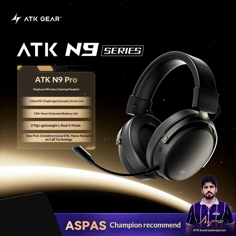 اي تي كي سماعة لاسلكية ATK Neptune N9 Wireless Gaming Headset, Over-Ear, Noise-Canceling, Mic, Four Modes, Long Battery Life, for PC - Image 1