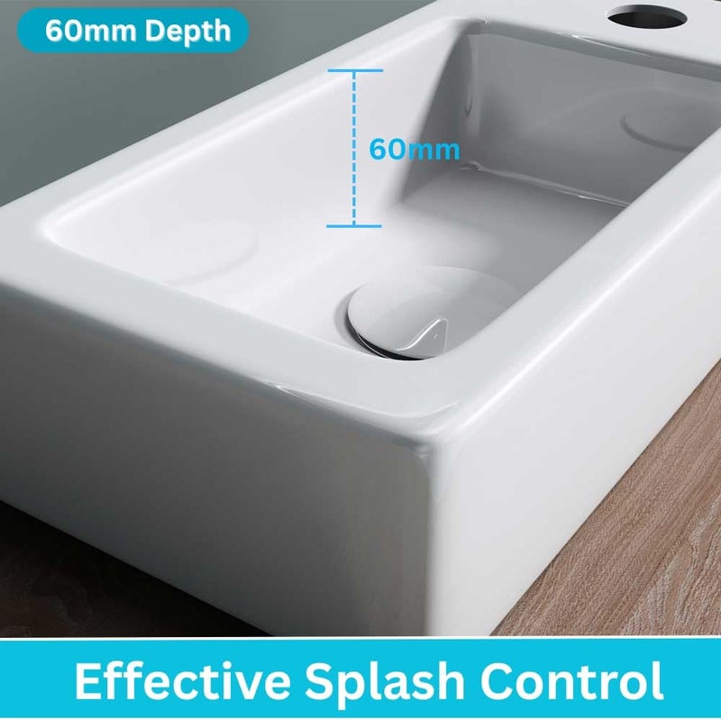 Durovin Bathrooms Small Cloakroom Basin - Wall Mounted Basin - Rectangular Countertop Basin - One Right Hand Tap Hole- 370 x 180 x 90mm (WxDxH) - Image 3