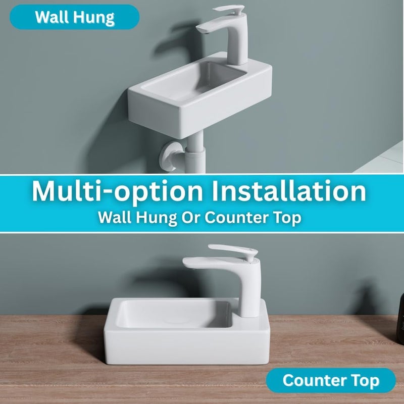 Durovin Bathrooms Small Cloakroom Basin - Wall Mounted Basin - Rectangular Countertop Basin - One Right Hand Tap Hole- 370 x 180 x 90mm (WxDxH) - Image 2