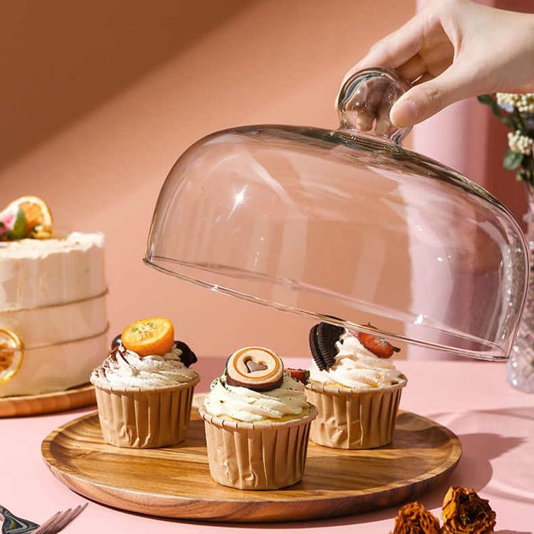 Ikerall 10 Inch Wooden Base Cake Display Stand with Glass Dome,Cloche Clear Glass Bell Jar Cover for Dessert Cheese Candy Plants Succulents - Image 3
