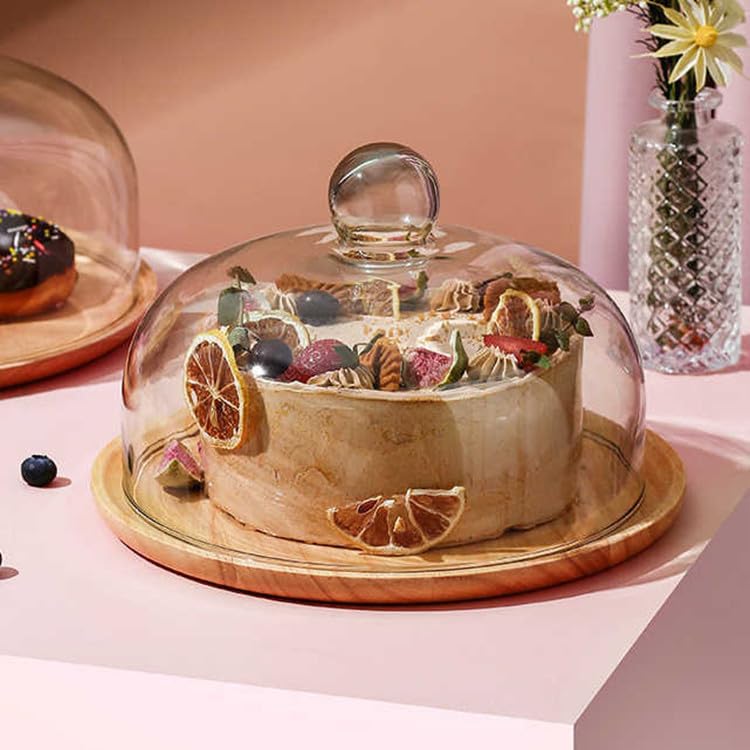 Ikerall 10 Inch Wooden Base Cake Display Stand with Glass Dome,Cloche Clear Glass Bell Jar Cover for Dessert Cheese Candy Plants Succulents - Image 4