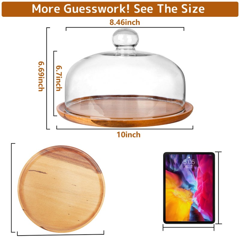 Ikerall 10 Inch Wooden Base Cake Display Stand with Glass Dome,Cloche Clear Glass Bell Jar Cover for Dessert Cheese Candy Plants Succulents - Image 2