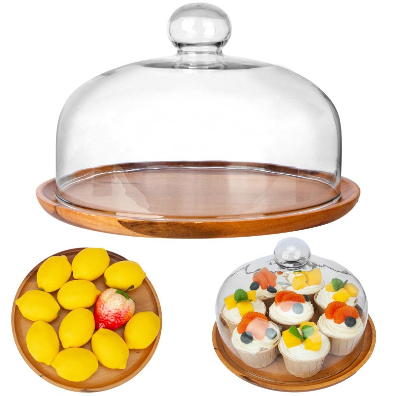 Ikerall 10 Inch Wooden Base Cake Display Stand with Glass Dome,Cloche Clear Glass Bell Jar Cover for Dessert Cheese Candy Plants Succulents - Image 1