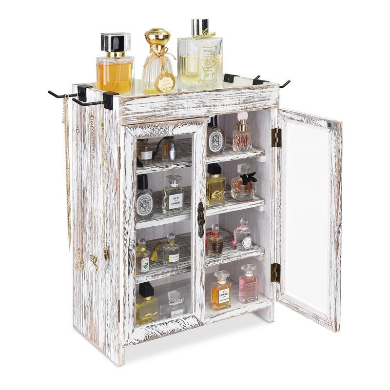 Ikee Design Small Wooden Countertop Storage Cabinet with Adjustable Shelves and Removable Hooks Perfect for Perfume Pantry Essential Oil 104W x 61D x 144H in Antique White