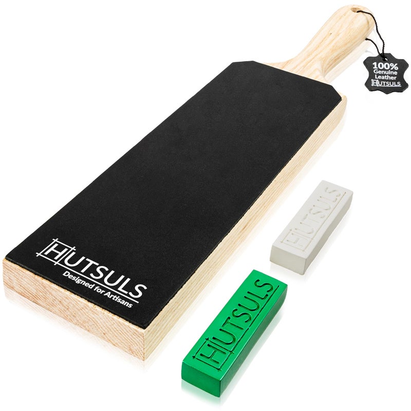 Hutsuls Leather Strop for Knife Sharpening  Get RazorSharp Edges with 3 x 9 Double Sided Paddle Strop Block Easy to Use Knife Strop with Ergonomic Handle  Stropping Leather Knife Sharpener Guide