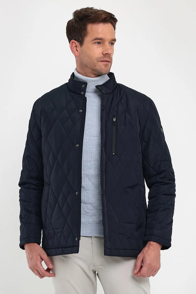 Sivaist Men's Navy Blue Standard Fit Regular Cut Fur Lined Stand-up Collar Snap-Front Padded Patterned Overcoat