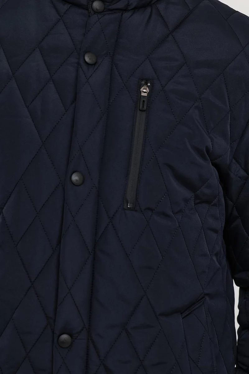 Sivaist Men's Navy Blue Standard Fit Regular Cut Fur Lined Stand-up Collar Snap-Front Padded Patterned Overcoat