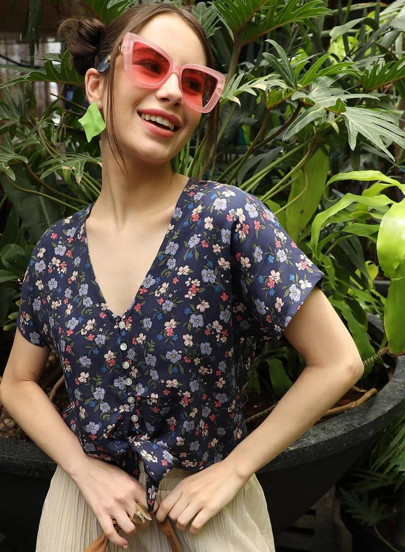 PINACOLADA Women's Navy Blue Button-Front Floral Top