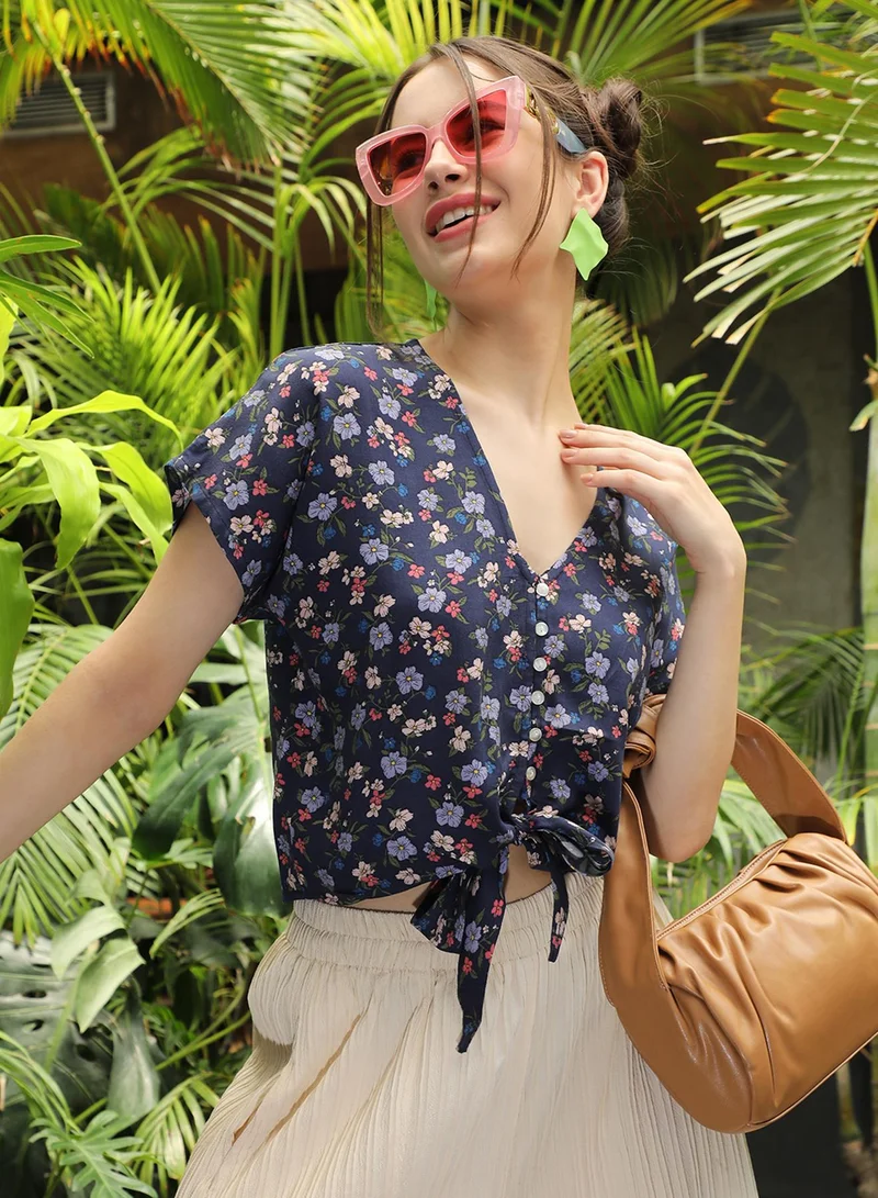 PINACOLADA Women's Navy Blue Button-Front Floral Top