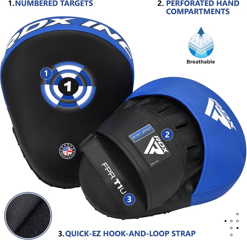 RDX Boxing Pads Focus Mitts - Maya Hide Leather Curved Hook and Jab Target Hand Pads for MMA, Kickboxing, Martial Arts, Muay Thai, Karate Training |Blue/Black (FPR-T1UB) - Image 2