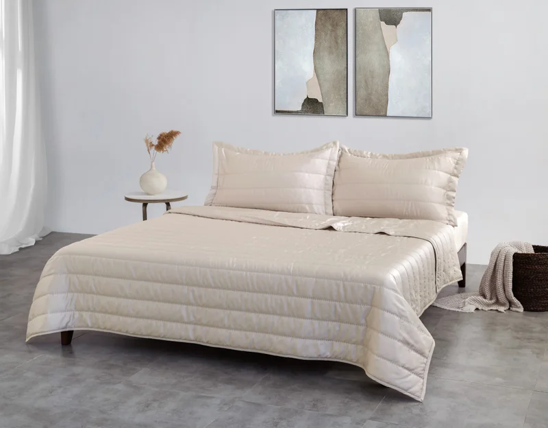 يسكن Dwell-100% Tencel Embroidered Bed Spread Set-Bedspread 240 x 220 CM Pillow case 50 x 80 CM-Beige