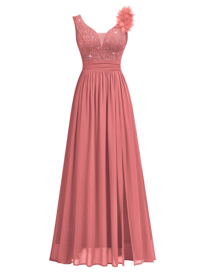 Miusol Women's Vintage V-Neck Sleeveless Sequined Split Formal Evening Maxi Dress (Large, Cinnamon Pink) - Image 4