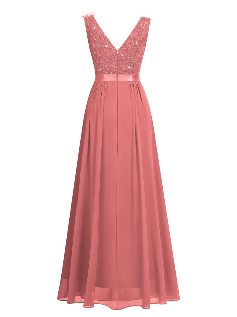 Miusol Women's Vintage V-Neck Sleeveless Sequined Split Formal Evening Maxi Dress (Large, Cinnamon Pink) - Image 5