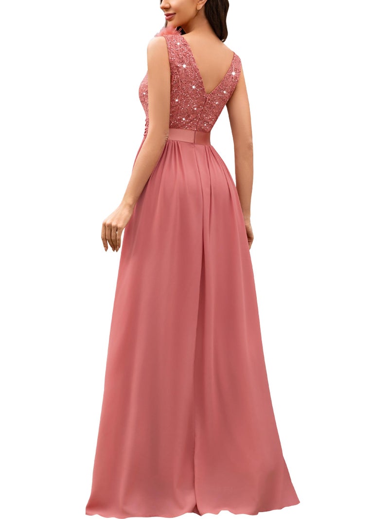 Miusol Women's Vintage V-Neck Sleeveless Sequined Split Formal Evening Maxi Dress (Large, Cinnamon Pink) - Image 2