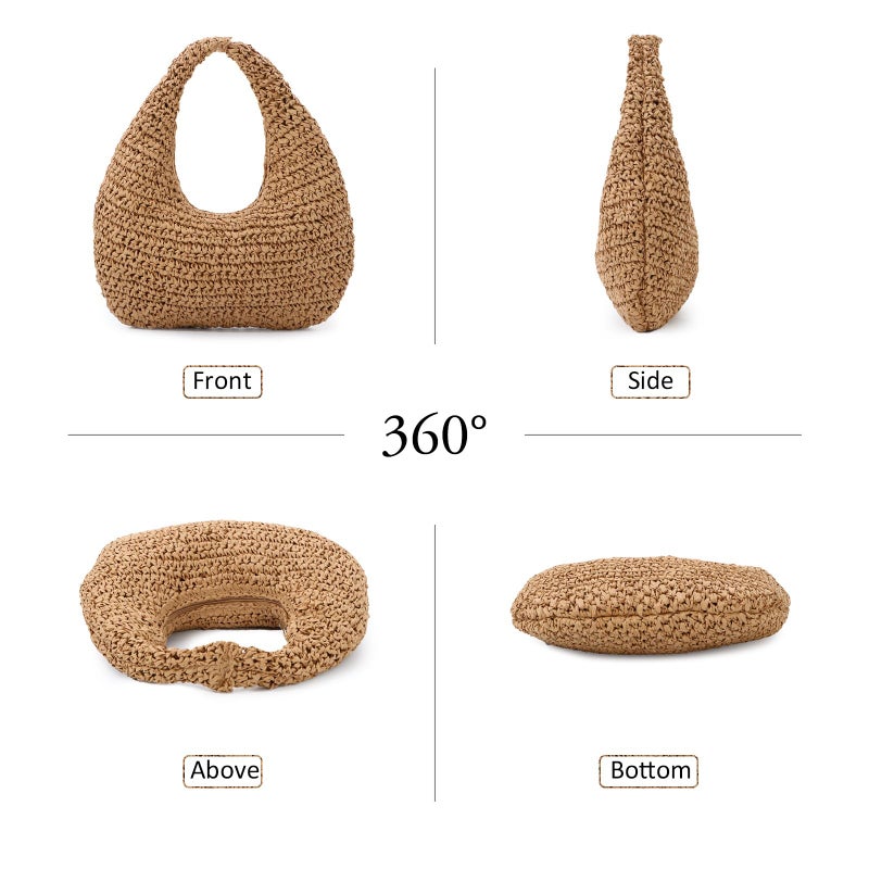 Fecialy Straw Bag for Women Crescent Shoulder Handbag Straw Summer Beach Tote Handbag Raffia Woven Hobo Bag - Image 3