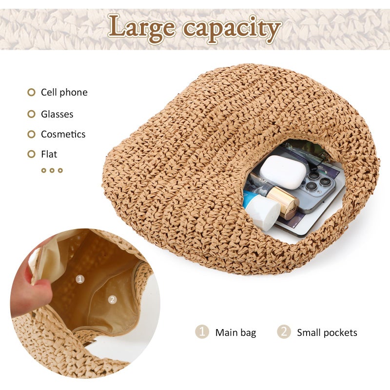 Fecialy Straw Bag for Women Crescent Shoulder Handbag Straw Summer Beach Tote Handbag Raffia Woven Hobo Bag - Image 5