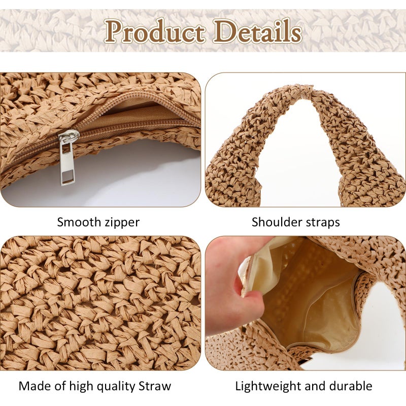 Fecialy Straw Bag for Women Crescent Shoulder Handbag Straw Summer Beach Tote Handbag Raffia Woven Hobo Bag - Image 4