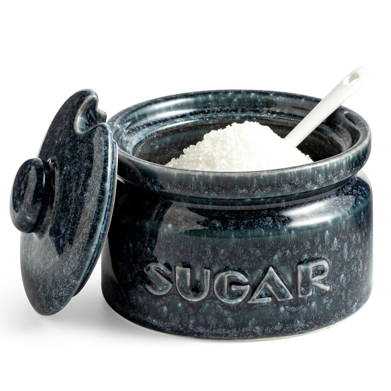 Gomakren Sugar Bowl with Lid and Spoon, Sugar Container Sugar Dish 10oz, Ceramic Sugar Jar for Coffee Bar, Kitchen, Countertop - Modern Farmhouse Kitchen Christmas Decor, Blue - Image 1