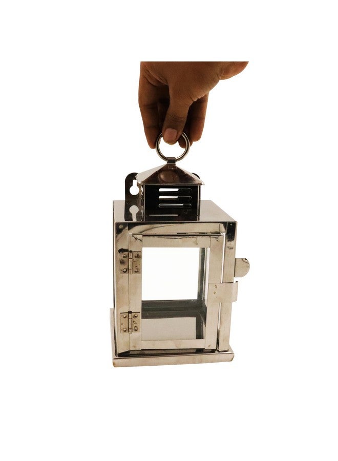 Spillbox Stainless Steel Wall Mounted Oil Lamp with Glass Cover | Deepam Glass Cover| Diya Protector from Wind- Hanging Diya Lantern (Small) Silver - Image 3