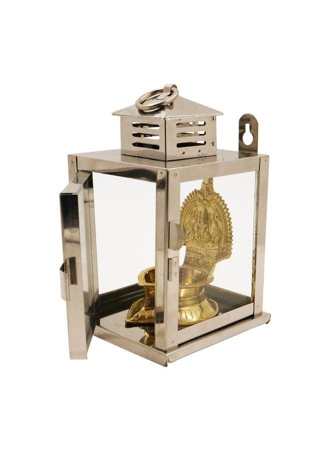 Spillbox Stainless Steel Wall Mounted Oil Lamp with Glass Cover | Deepam Glass Cover| Diya Protector from Wind- Hanging Diya Lantern (Small) Silver - Image 2