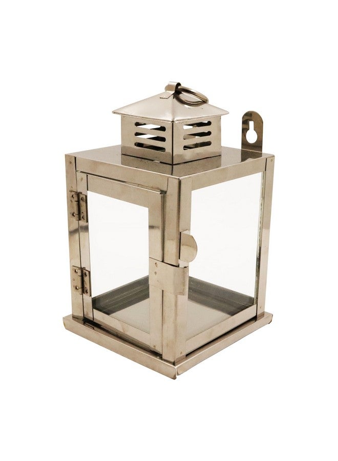 Spillbox Stainless Steel Wall Mounted Oil Lamp with Glass Cover | Deepam Glass Cover| Diya Protector from Wind- Hanging Diya Lantern (Small) Silver - Image 1