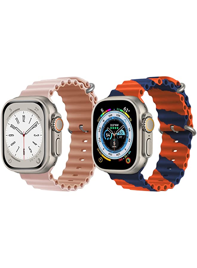 IAF Silicone Ocean Band Strap for Apple Watch Ultra 8 49mm Pink/Beige Double Side Strap with Orange/Blue Double Line Strap Set of 2