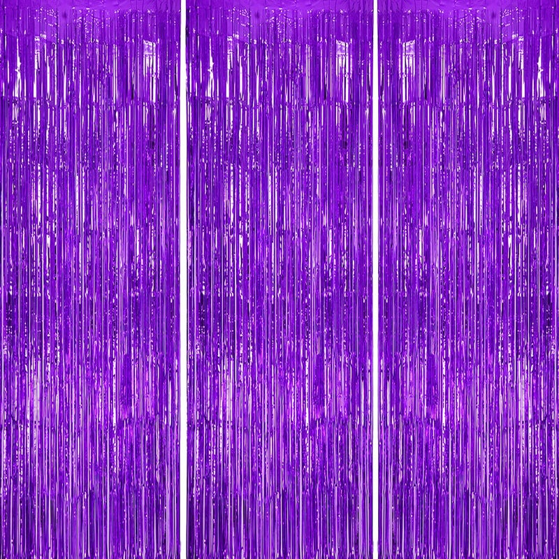 DECOCKRAT 3 Pack Foil Fringe Backdrop - Purple Shiny Tinsel Curtains for Party Decoration/Photo Booth Props - 3.3x8.2 FT Metallic Foil Backdrop for Birthday, Wedding, Graduation, Christmas. - Image 1