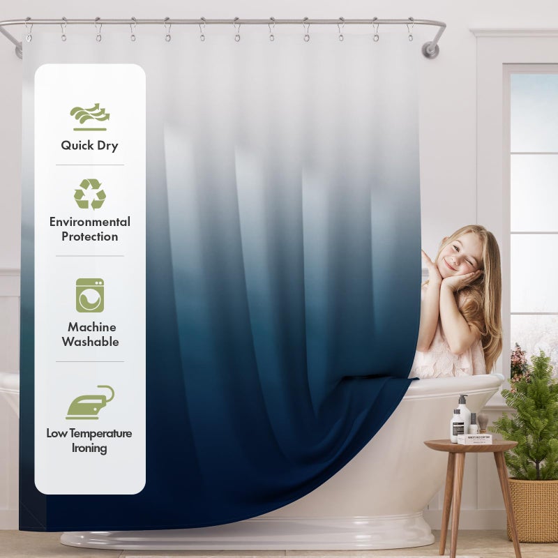 AmazerBath Shower Curtain, Cloth Ombre Blue Curtain Set with 12 Hooks, Washable Fabric Navy and White Curtain, Rustic Farmhouse Bathroom, 72x72 Inches - Image 2