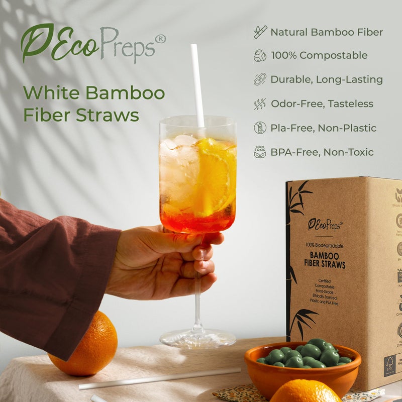 EcoPreps Biodegradable Bamboo Fiber Straws | 300 Count  100% Compostable  Plastic-Free  Eco-Friendly Drinking Straw | 7.8'' Plant Fiber Disposable Straws  White Straw | Durable for Warm & Cold Drinks - Image 4