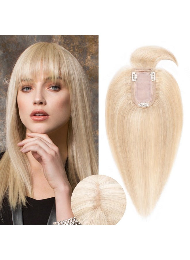 Rich Choices - Silk Base Top Hairpiece 100% Human Hair Clip In On Hair Topper With Bangs Handmade Top Hair Piece Middle Part With Thinning Hair 18P613 Ash Blonde&Bleach Blonde 14'' 44G - Image 1
