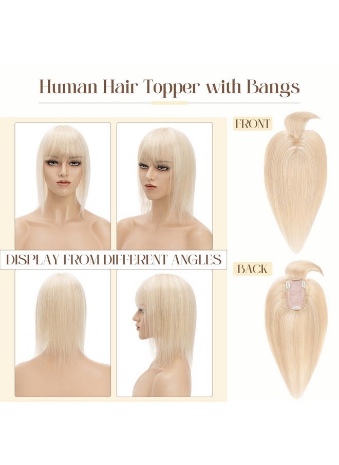 Rich Choices - Silk Base Top Hairpiece 100% Human Hair Clip In On Hair Topper With Bangs Handmade Top Hair Piece Middle Part With Thinning Hair 18P613 Ash Blonde&Bleach Blonde 14'' 44G - Image 1