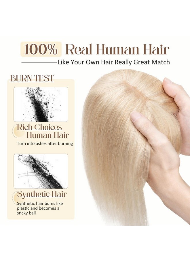 Rich Choices - Silk Base Top Hairpiece 100% Human Hair Clip In On Hair Topper With Bangs Handmade Top Hair Piece Middle Part With Thinning Hair 18P613 Ash Blonde&Bleach Blonde 14'' 44G - Image 1
