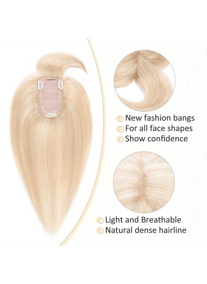 Rich Choices - Silk Base Top Hairpiece 100% Human Hair Clip In On Hair Topper With Bangs Handmade Top Hair Piece Middle Part With Thinning Hair 18P613 Ash Blonde&Bleach Blonde 14'' 44G - Image 1