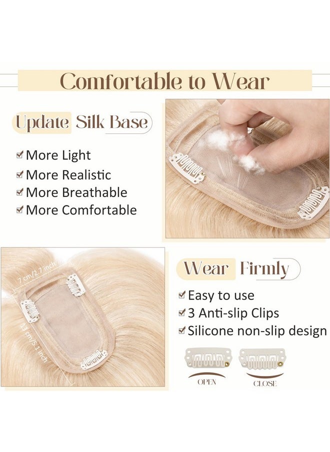 Rich Choices - Silk Base Top Hairpiece 100% Human Hair Clip In On Hair Topper With Bangs Handmade Top Hair Piece Middle Part With Thinning Hair 18P613 Ash Blonde&Bleach Blonde 14'' 44G - Image 1