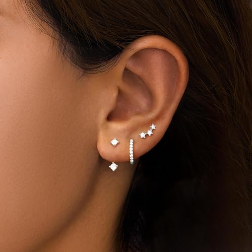 Poxtex Silver Earrings for Women, Silver Stud Huggie Hoop Jacket Cartilage Earring Stacks for Sensitive Ears, Dainty Women Fashion Jewelry Gifts - Image 2