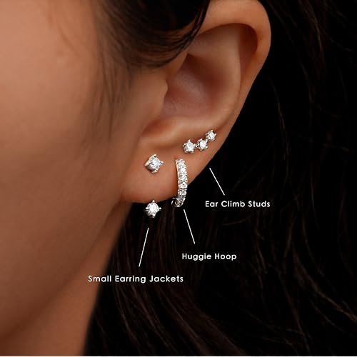 Poxtex Silver Earrings for Women, Silver Stud Huggie Hoop Jacket Cartilage Earring Stacks for Sensitive Ears, Dainty Women Fashion Jewelry Gifts - Image 4