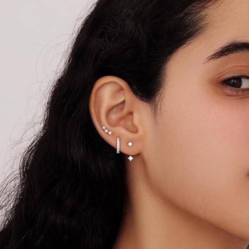 Poxtex Silver Earrings for Women, Silver Stud Huggie Hoop Jacket Cartilage Earring Stacks for Sensitive Ears, Dainty Women Fashion Jewelry Gifts - Image 3