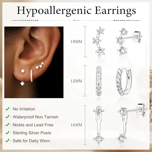 Poxtex Silver Earrings for Women, Silver Stud Huggie Hoop Jacket Cartilage Earring Stacks for Sensitive Ears, Dainty Women Fashion Jewelry Gifts - Image 5