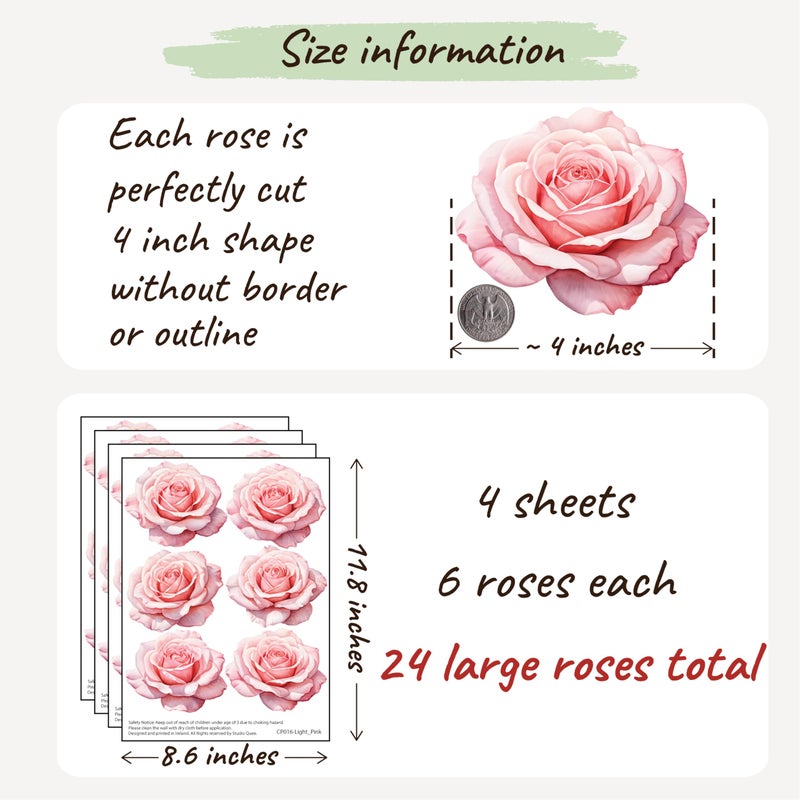 Studio Quee Watercolor Roses Wall Decals  24 Large Easy Peel & Stick Roses Stickers  Premium Removable and Repositionable Floral Wall Art Fabric Stickers (Light Pink)  - Image 2