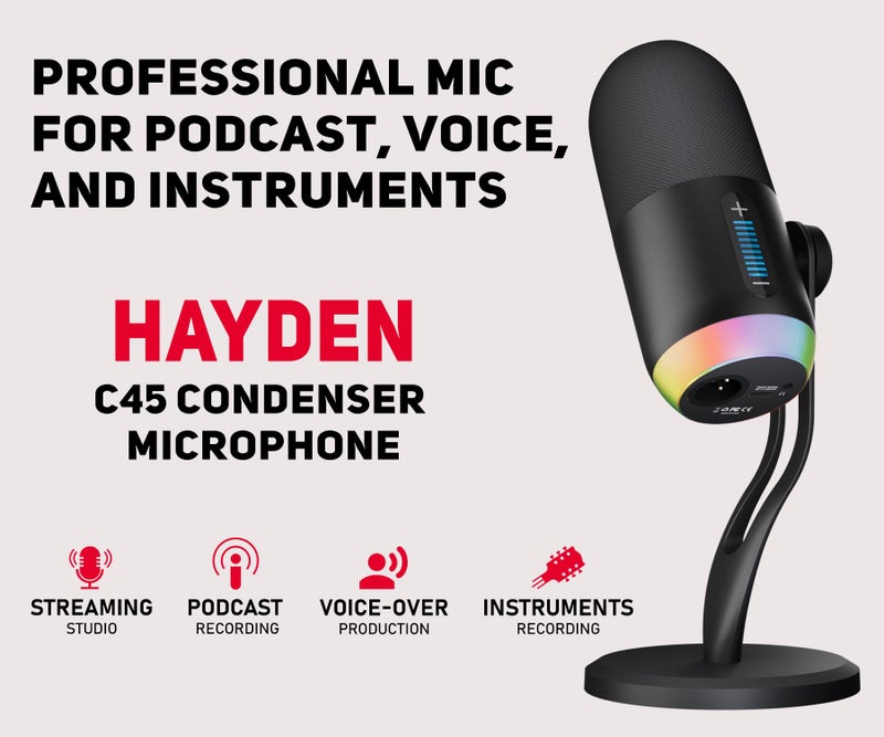 hayden HY-C45 Professional Condenser Microphone | Studio Mic 192kHz 24-Bit Recording with Type-C Output RGB Light Touch Mute AUX Monitoring Metal Stand for Singing Podcast Streaming Recording - Image 5