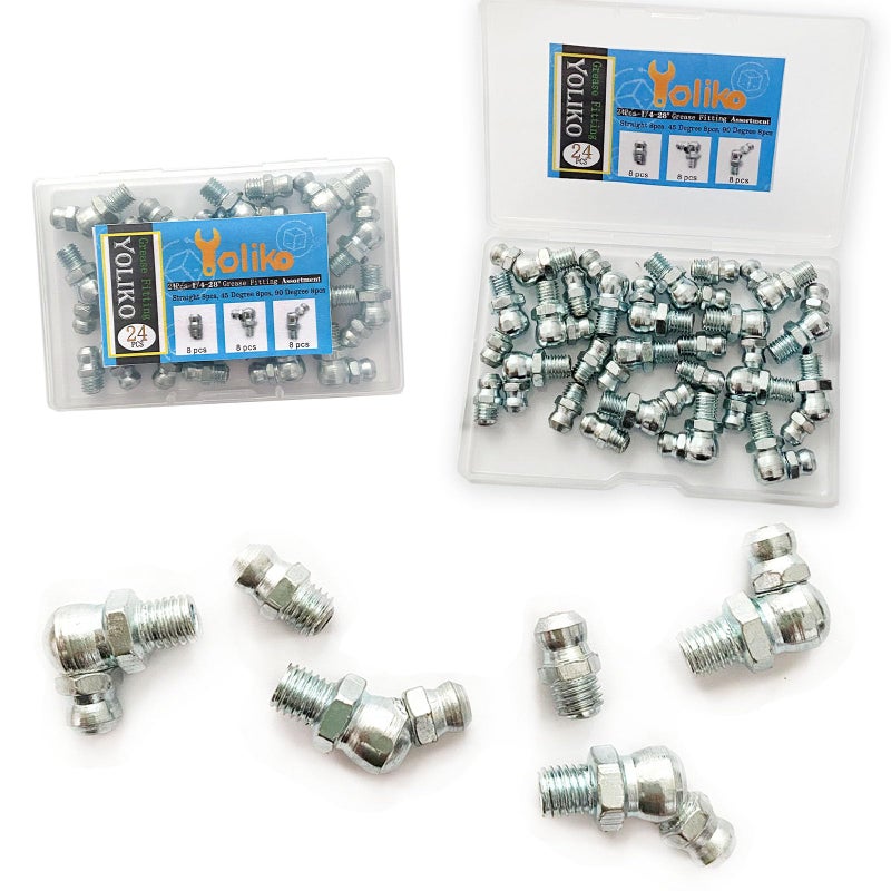 Yoliko 1428 24Pcs Grease Fitting Assortment Straight 45 90 Degree Grease Zerk Fittings Galvanized Steel Grease Fittings and grease gun tips for IndustrialAgricultural Machinery Cars Ships ets - Image 3